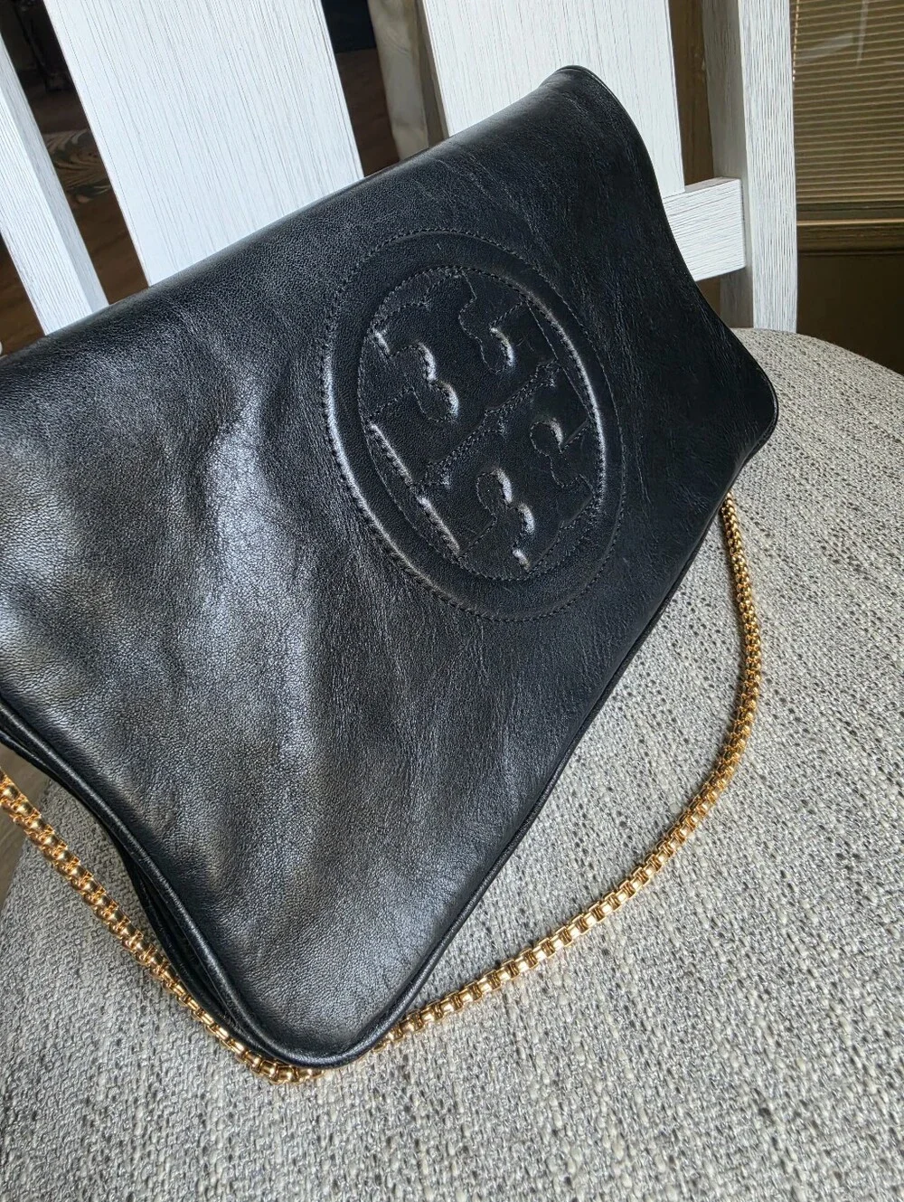 Tory Burch Black Leather Logo Chain Clutch